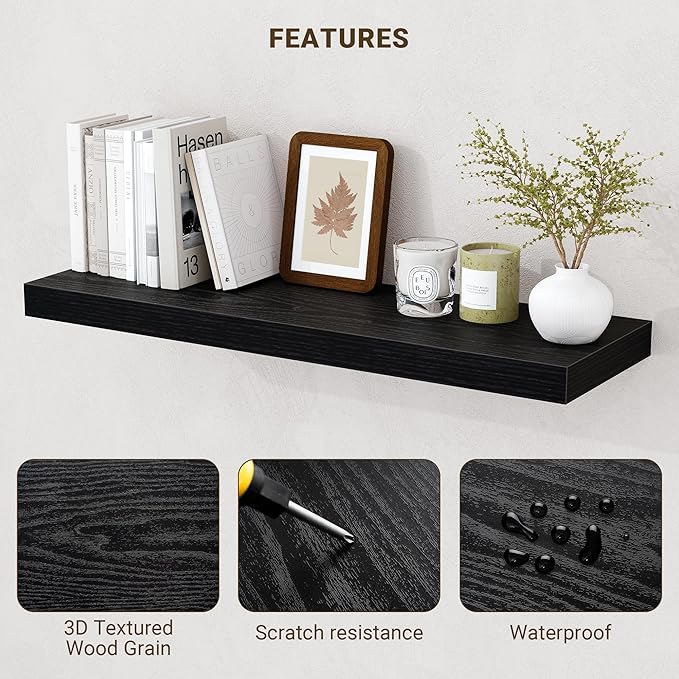 Acovy 24 Inch Floating Shelves, 24"x9.25"x1.5" Inch Deep Floating Shelves for Wall, Wooden Shelves for Bathroom, Bedroom, Living Room, Black, 2 Pieces