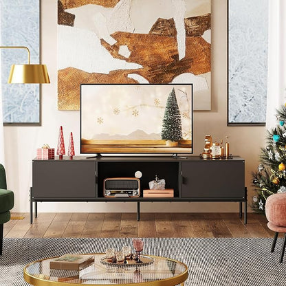 WLIVE 58" TV Stand for 65 Inch TVs, Mid Century Modern Entertainment Center with 2 Storage Cabinets & Open Shelf, Media Console Table with Metal Legs for Living Room, Bedroom, Black