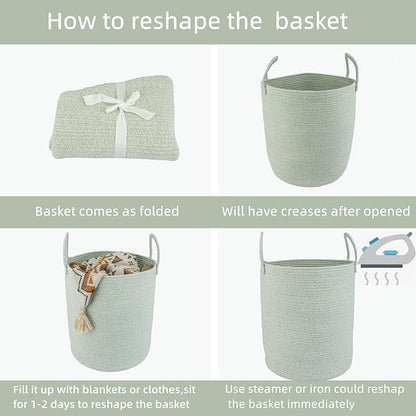 XUANGUO Cotton Rope Laundry Basket Hamper for Clothes Woven Storage Basket for Living Room Bedroom Boho Tall Rope Baskets for Blanket Toys Pillow Towels Baby Nursery Hamper Bin green