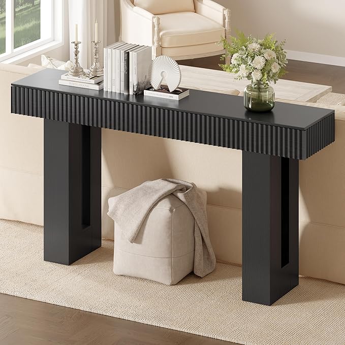 63-Inch Long Entryway Console Table with a Fluted Design, Thick Wood Farmhouse Sofa Table Behind Couch, Narrow Hallway Accent Table for Living Room, Foyer, Entrance, Modern Black