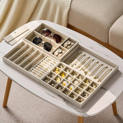 Velvet Jewelry Drawer Organizer Trays – Large Beige Stackable Jewelry Storage Inserts Set, 4-Layer Jewelry Tray Set for Earrings, Rings, Necklaces, Bracelets with Removable Dividers for Dresser,Vanity