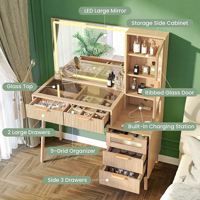 Fluted Vanity Desk with Mirror and Lights, Glass Top Makeup Vanity with 5 Drawers and Glass Door Cabinet,9-Grid Organizer, Charging Station, Lighting Adjustable Dressing Table, Natural Oak
