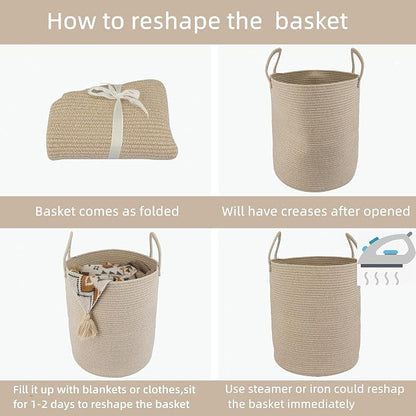 XUANGUO Cotton Rope Laundry Basket Hamper for Clothes Woven Storage Basket for Living Room Bedroom Boho Tall Rope Baskets for Blanket Toys Pillow Towels Baby Nursery Hamper Bin oatmeal
