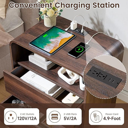 Farmhouse Night Stand, 25" Tall Wooden Nightstand with Charging Station, 2 Storage Drawers Bedside Table Curved Profile, Handleless, Large End Table Side Table for Bedroom, Office, Walnut