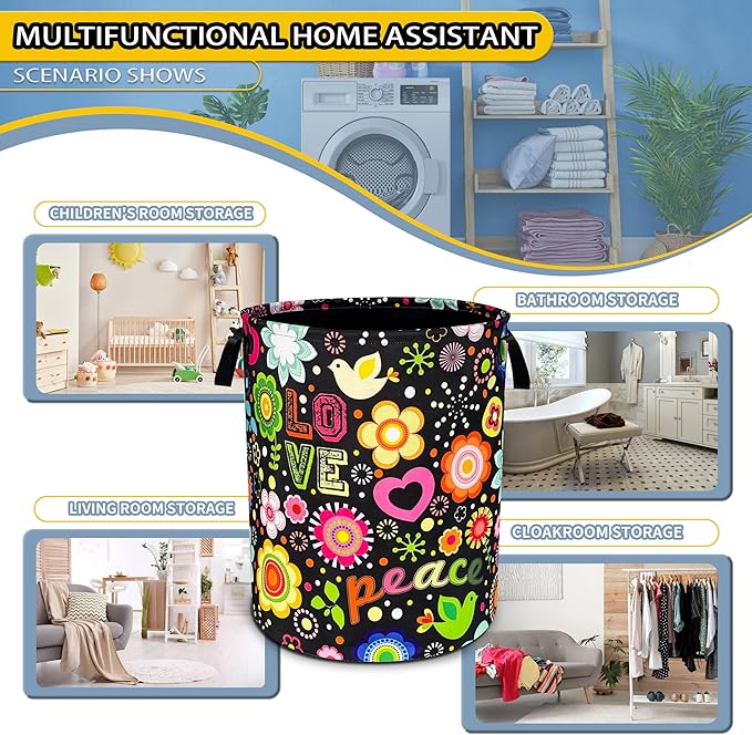 NUTAINLA Peace Hippie Flower Laundry Basket Foldable Oxford Cloth Funny Tote Bag Laundry Hamper Clothes Storage Bucket Toy Organizer For Bathroom/Laundry Storage/Bedroom 18.9x16.5 Inch