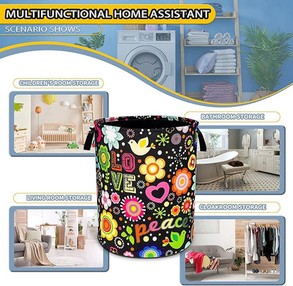 NUTAINLA Peace Hippie Flower Laundry Basket Foldable Oxford Cloth Funny Tote Bag Laundry Hamper Clothes Storage Bucket Toy Organizer For Bathroom/Laundry Storage/Bedroom 18.9x16.5 Inch