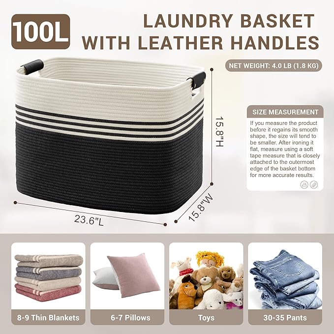 SunNewt 100L Extra Large Laundry Basket with Leather Handles for Living Room Storage, Woven Rope Baskets for Blanket, Kids Toy, Gifts, Wicker Hamper for Bedroom Dirty Clothes, 24"x16"x16" White Black