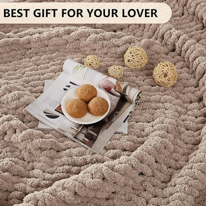 L'AGRATY Chunky Knit Blanket Throw: 60''x80'' Chenille Chunky Knitted Throw Blankets for Bed Couch - Handmade Thick Big Cable Knit Blanket - Large Crochet Rope Blankets for Home Decor(Light Taupe)