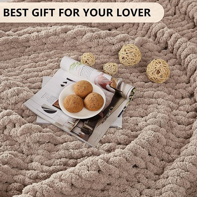 L'AGRATY Chunky Knit Blanket Throw: 80''x90'' Chenille Chunky Knitted Throw Blankets for Bed Couch - Handmade Thick Big Cable Knit Blanket - Large Crochet Rope Blankets for Home Decor(Light Taupe)