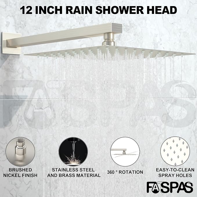 Brushed Nickel Shower System with 12-Inch Rain Showerhead and Handheld | Innovative air-injection technology for low pressure, high-flow rate up to 3.22 GPM ensuring powerful consistent stream