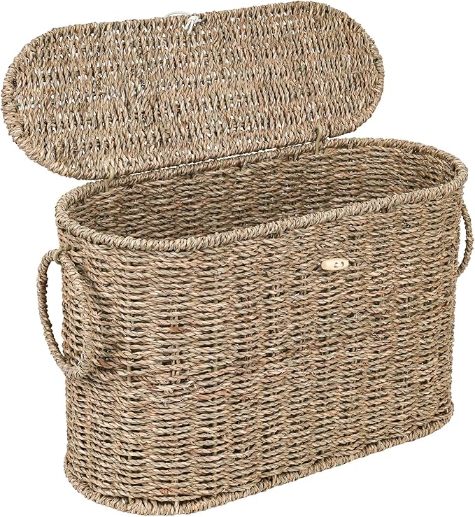 efluky Toilet Paper Storage Basket, Seagrass Slim Toilet Paper Holder with Lid- Holds Up to 9 Mega Rolls, Home Bathroom Decor Organizer