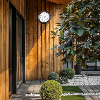 Lafocuse Brown Outdoor Wall Clocks Waterproof for Patio with Thermometer, 12 Inch Hygrometer Wall Clock for Kitchen Bathroom Garage