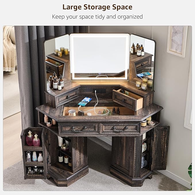 T4TREAM Makeup Vanity Desk 48" with 3 Way Mirror and Lights, Large Farmhouse Corner Vanity Dressing Table with Glass Top & Charging Station, 3 Drawers & 2 Storage Cabinets, Dark Rustic Oak
