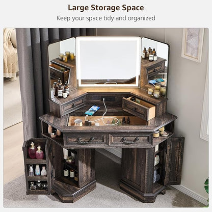 T4TREAM Makeup Vanity Desk 48" with 3 Way Mirror and Lights, Large Farmhouse Corner Vanity Dressing Table with Glass Top & Charging Station, 3 Drawers & 2 Storage Cabinets, Dark Rustic Oak