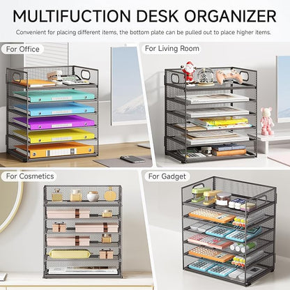 6 Tiers Letter Tray Paper Organizer With Handle, Mesh Desk File Organizer, Metal Desktop Document Shelf, Paper Sorter for Office, Home or School File Folder Holder - Grey
