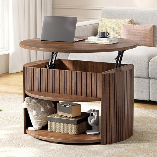 31.5" Round Lift Top Coffee Table with Storage, Fluted Mid-Century Modern Coffee Tables for Living Room, with Hidden Compartment, for Small Spaces & Home Office, Walnut