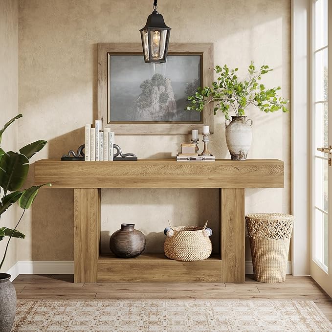 Tribesigns 63-Inch Long Console Table, 2-Tier Entryway Table Sofa Table with Storage, Farmhouse Wood Behind Couch Table for Living Room, Hallway, Light Brown