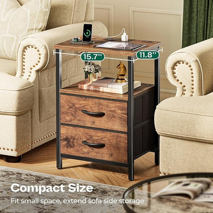 Huuger Night Stand with Charger Station and LED Lights, 2 Drawer Nightstand, Bed Side Table with Open Shelf, End Table, Fabric Dresser for Bedroom, Rustic Brown