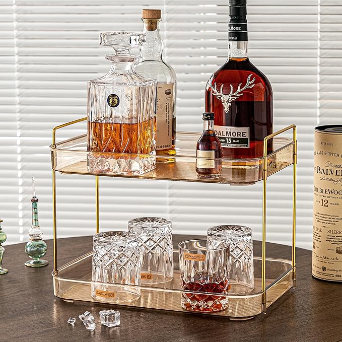 Coffee Bar Accessories, Station Organizers,Large Capacity Storage with Drain Board,Whisky Tray,Mug Tea Cup Holder Coffee Bar Organizer,Amber Gold