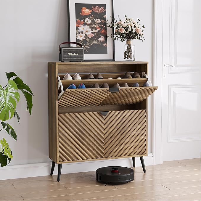 Smuxee Walnut Shoe Cabinet with 2 Flip Drawers, 31.5" Hidden Shoe Storage Cabinet with Fluted Diamond Doors, Freestanding Shoe Organizer Cabinet for Entryway, Hallway, Living Room