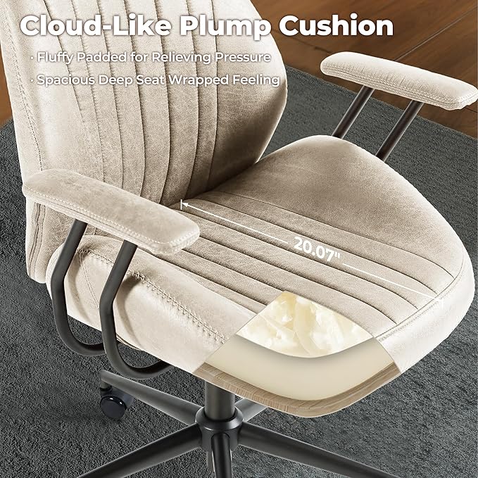 ovios Home Office Chair, Mid-Century Modern Faux Suede Leather Ergonomic Chairs, High Back Comfy Computer Swivel Rolling Task Executive Armchair, Beige