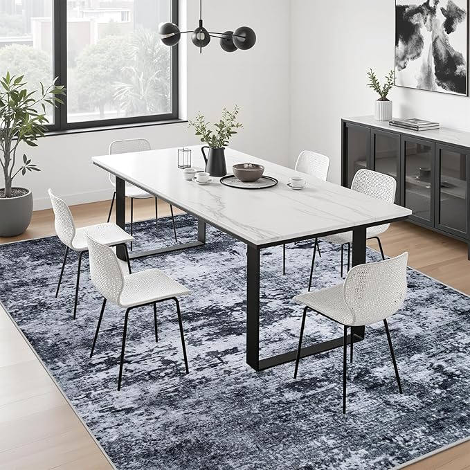 5x5 Area Rug Living Room Rug: Washable Modern Abstract Soft Thin Rug Indoor Floor No Slip Stain Resistant Carpet for Bedroom Dining Room Farmhouse Nursery Home Office - Black