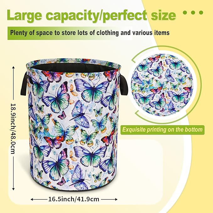 Colorful Butterfly Laundry Basket Funny Foldable Waterproof Oxford Cloth Tote Bag Laundry Hamper Round Large Clothes Storage Bucket Toy Organizer For Bathroom/Laundry Storage/Bedroom 18.9x16.5 Inch