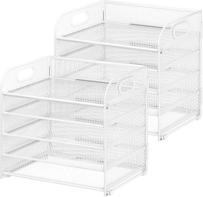Cawukege 2 Pack 5 Tier Paper Organizer, Letter Tray with Handle, Mesh Desk Organizer, Metal File Organizer, Office Desk Accessories for Home, Office, Classroom, School -White
