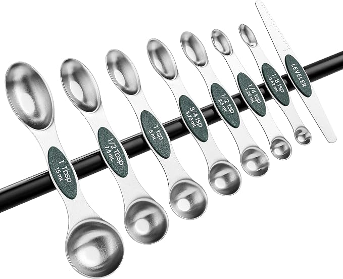 Spring Chef Stainless Steel Magnetic Measuring Spoons Set of 8 with Leveler, Stackable Magnetic Teaspoon & Tablespoon Set, Metal Kitchen Gadgets for Baking & Cooking, Fits in Spice Jars - Pine Green