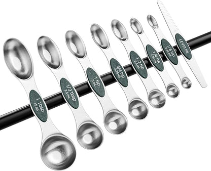 Spring Chef Stainless Steel Magnetic Measuring Spoons Set of 8 with Leveler, Stackable Magnetic Teaspoon & Tablespoon Set, Metal Kitchen Gadgets for Baking & Cooking, Fits in Spice Jars - Pine Green