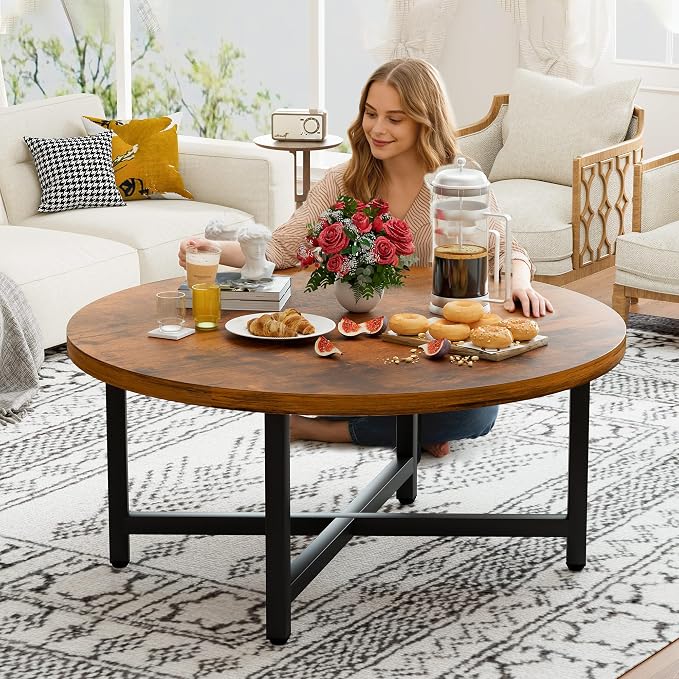 Coffee Table, 31.5" Large Coffee Tables, Brown Round Coffee Tables for Living Room, Floor Table for Sitting on The Floor, Center Coffee Table with Metal Frame for Office Apartment Home