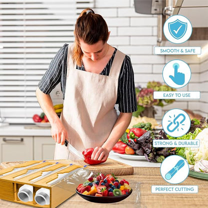 Bamboo Aluminum Foil Organizer & Plastic Wrap Dispenser with Cutter - 4 in 1 Parchment, Wax Paper & Saran Wrap Holder - Tin Foil Food Wrap Organizer for Kitchen Drawer, Countertop & Pantry
