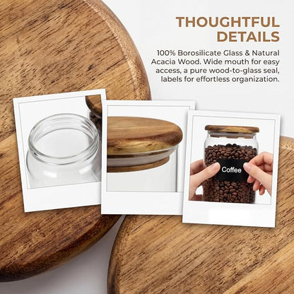2-Pack 67 fl oz Large Wide Mouth Mason Jars with Spoon & Labels, Acacia Wood Lids & Press Seal, No Plastic, for Coffee Beans, Ground Coffee, Spice & Dry Food Storage, Pantry Organization.