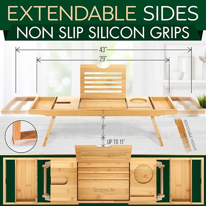 SereneLife Bath Caddy Breakfast Tray Combo with Gift Box-Natural Bamboo Wood Waterproof Bath Tub Caddy and Bed Tray with Folding Slide-Out Arms,Device Grooves,Wine Glass and Soap Holder