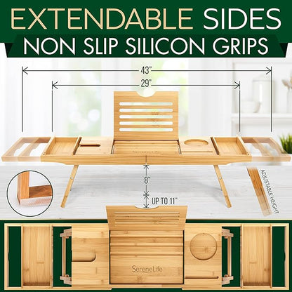 SereneLife Bath Caddy Breakfast Tray Combo with Gift Box-Natural Bamboo Wood Waterproof Bath Tub Caddy and Bed Tray with Folding Slide-Out Arms,Device Grooves,Wine Glass and Soap Holder