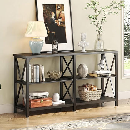 IBF Black Console Table, Modern Sofa Table Behind Couch, Industrial Entryway Table for Hallway Living Room, Farmhouse Wooden Metal Entry Table for Foyer with 3-Tier Storage Shelves, Black Oak, 55 Inch