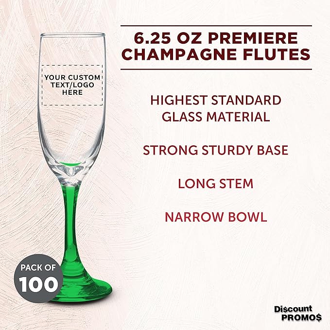 DISCOUNT PROMOS Custom Premiere Champagne Flutes 6.25 oz. Set of 100, Personalized Bulk Pack - Elegant Drinkware for Weddings, Events, & Promotional Gifts - Green