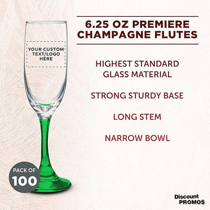 DISCOUNT PROMOS Custom Premiere Champagne Flutes 6.25 oz. Set of 100, Personalized Bulk Pack - Elegant Drinkware for Weddings, Events, & Promotional Gifts - Green