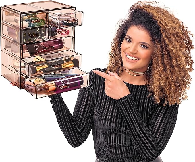 Sorbus Acrylic Makeup Organizer Set, 7-Drawer Vanity & Countertop Cosmetic Storage with Small & Wide Drawers, Bronze Glow Makeup Storage for Brushes, Lipsticks, Jewelry, Holiday Gift for Women & Teens