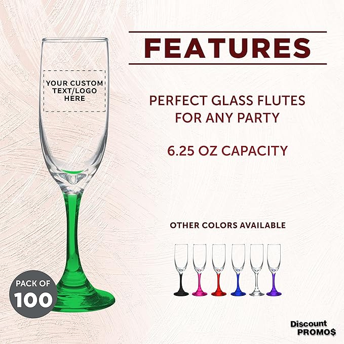 DISCOUNT PROMOS Custom Premiere Champagne Flutes 6.25 oz. Set of 100, Personalized Bulk Pack - Elegant Drinkware for Weddings, Events, & Promotional Gifts - Green