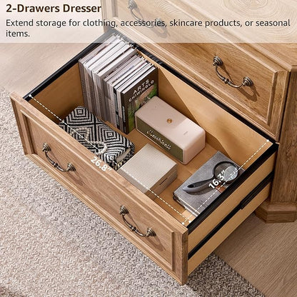 T4TREAM 2 Drawer File Cabinet with 34" Wide Wooden Tabletop, 34" Farmhouse Lateral Filing Cabinet with Smooth Rails, Holds Letter/Legal, Hexagonal Design & Framed Drawer Fronts, Light Knotty Oak