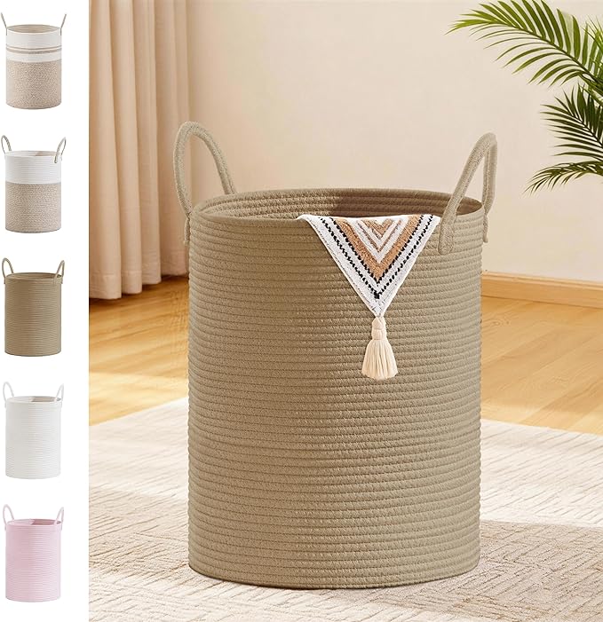 Tall Laundry Basket with Handles, 53L Portable Dirty Clothes Hamper, Boho Cotton Rope Storage Bin for Blankets Kids Toys Gifts, Decorative Organizer for Baby Nursery Bedroom Bathroom, Jute
