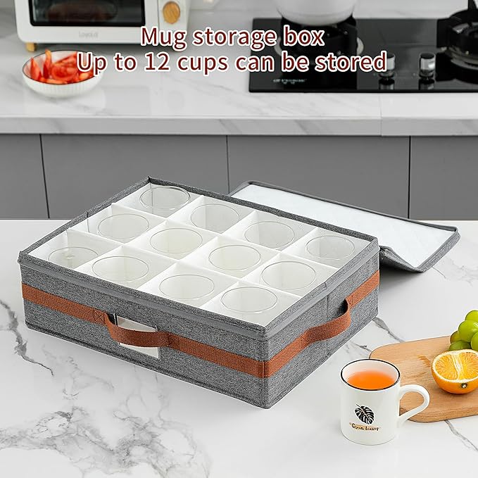 Mug storage box with divider, tea cup and coffee mug storage container with zipper cover and reinforced handle, hard shell, stackable, foldable (Grey red, Mug Storage Case)