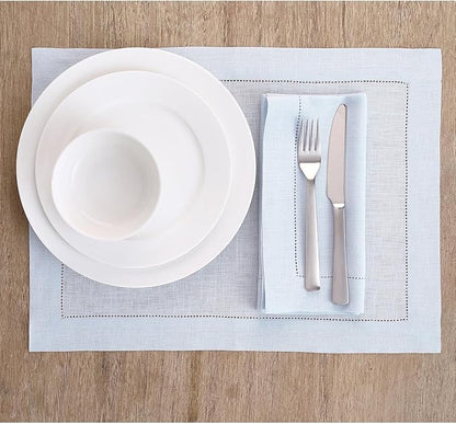 Solino Home Light Blue Linen Napkins Set of 4-100% Pure Linen Hemstitch Dinner Napkins 20 x 20 Inch for Winter, Spring, Easter - Classic Hemstitch