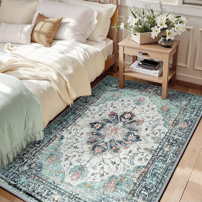 RELEANY Area Rugs 6'x9' Washable Non-Slip, Floral Vintage Distress Medallion Carpet for Living Room Bedroom Dining Room, Green Navy Blue White Red Teal