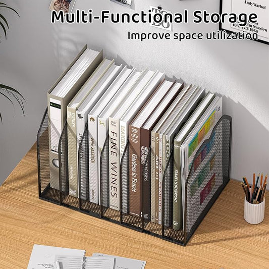 FANXIYQ Black 7-Section File Folder Organizer for Desk, Metal Vertical File Holder Stand, Desktop File Organizer Rack for Letter/A4 Folders, Papers, Books, Office Classroom Home