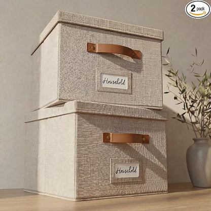 Decorative File Organizer Box Set of 2 - Collapsible Linen Filing Cabinets with Handles Are Perfect to Store All Your Documents & Hanging File Folders - Portable Easy Slide Office Crates with Lid
