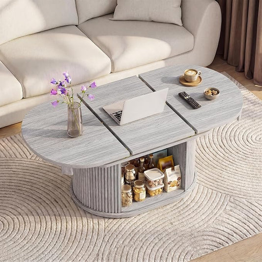 YESHOMY 45.2" Extendable Coffee Table with Storage, Fluted Oval Coffee Table with Sliding Door, Mid Century Modern Center Table for Living Room, Gray