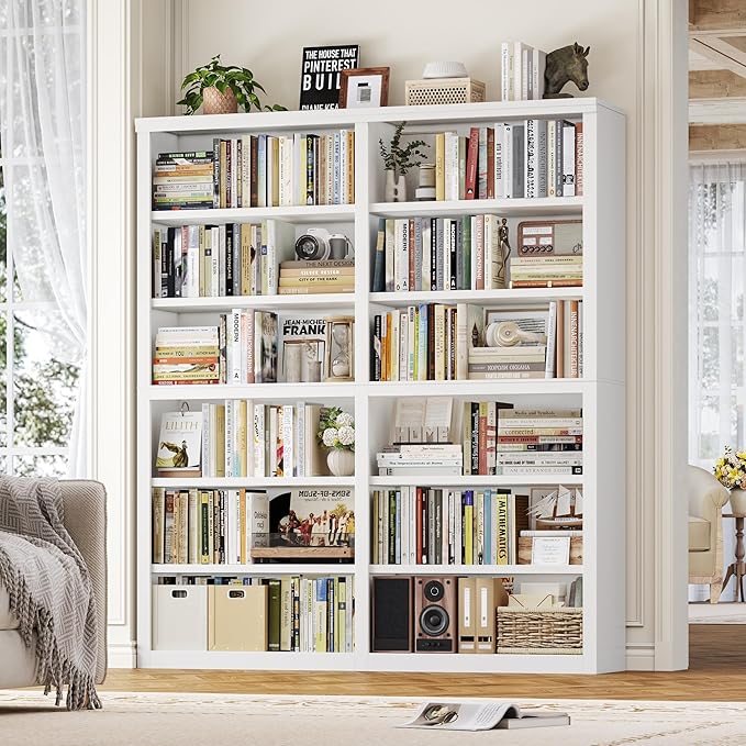 HOSTACK 63" W Open Book Shelf, 73" Tall Bookshelf with Storage, Modern White Bookshelf, Large Bookcase with 12 Display Shelves, 6 Tier Wooden Book Case for Living Room, Home Office, Library, White
