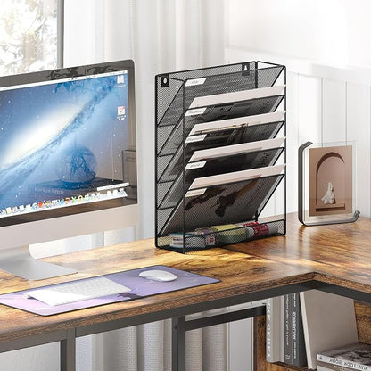 EasyPAG 5 Tier Wall File Holder, Mesh Hanging Folder Organizer with Classify Label, Versatile Desk File Holder, Vertical Wall Mounted Mail Organizer for Office Home Cubicle, Black